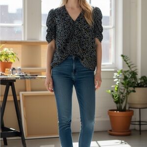 White House Black Market Blue and Brown Floral Blouse